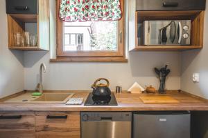 a kitchen with a sink and a stove and a window at Ostoja Gorce in Nowy Targ