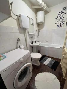 uma casa de banho com uma máquina de lavar roupa e um WC em Ema Apartmani em Vinkovci