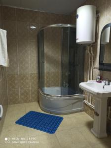 PanjakentHotel SUGD & Guest House的带淋浴的浴室和蓝色地毯。