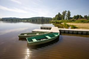 two boats are docked at a dock on a lake at Resort Olšina in Horní Planá