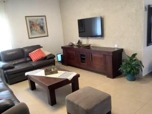 a living room with a couch and a flat screen tv at וילה נוף הרים שלומי in Shlomi