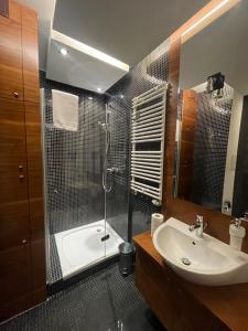 a bathroom with a shower and a sink at Willa Port 110 in Ostróda