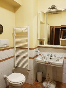 bagno con servizi igienici, lavandino e specchio di B&B Borgo Antico a Porto San Giorgio