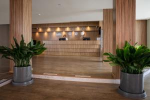 two potted plants sitting in the middle of a lobby at Asteria Family Sunny Beach - Ultra All Inclusive in Sunny Beach