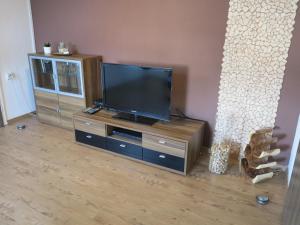 a flat screen tv sitting on a wooden entertainment center at Allgäu Spirit in Immenstadt im Allgäu