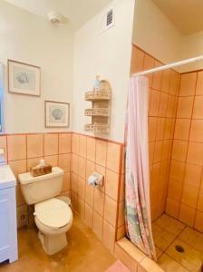uma casa de banho com um WC e um chuveiro em Relax in the Charming Casita Mezquites #5 em Puerto Peñasco