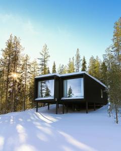 a black house in the woods in the snow at Arctic TreeHouse Hotel in Rovaniemi
