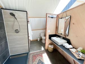 a bathroom with a shower and a sink at Backland Luxury Nature Resort in Williams +42 photos