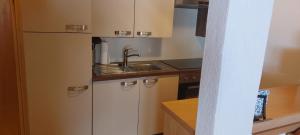 a kitchen with white cabinets and a sink at Haus Fröhwein in Fieberbrunn