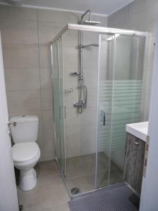 a bathroom with a shower with a toilet and a sink at Sisaion Suites - Live the Cretan Hospitality in Metókhion Apisianá