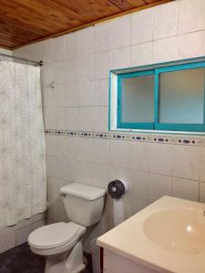 um banheiro com vaso sanitário, pia e janela em Hostel Raíz em Pucón