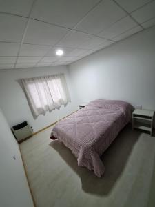 a bedroom with a bed with a purple blanket at FAMILY HOUSE MALARGUE in Malargüe