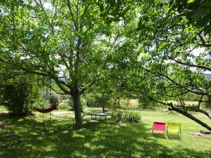 eine Hängematte sowie ein Tisch und Stühle unter einem Baum in der Unterkunft Maison de charme à Saoû, avec beau jardin au calme in Saou