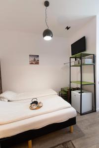 um quarto com uma cama, uma televisão e uma prateleira em Ultra Central Bohemian Apartment 1 em Cluj-Napoca