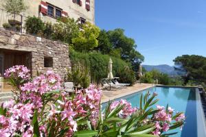 a villa with a swimming pool and flowers at Schloss Englar in Appiano sulla Strada del Vino