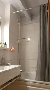 een badkamer met een douche, een wastafel en een bad bij Les Perthuis - Portes du Soleil in Châtel