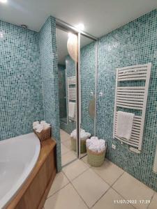 ein Bad mit einer Badewanne und einer Dusche mit blauen Fliesen in der Unterkunft La Vigneronne du 7 in Bouzigues