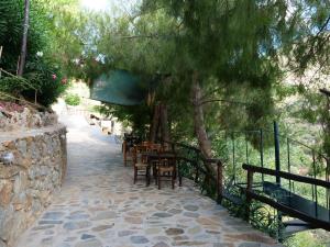a patio with tables and chairs under a tree at Sisaion Suites - Live the Cretan Hospitality in Metókhion Apisianá