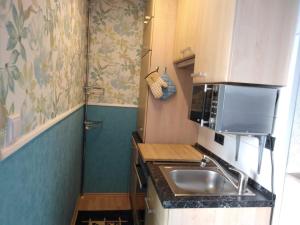 アルテンアウにあるFerienwohnung Himmelblau - Altenau Harzのシンクと電子レンジのある小さなキッチン +4枚の写真