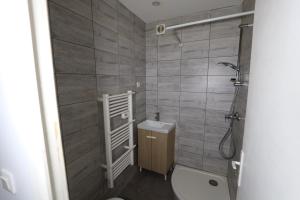La petite salle de bains est pourvue d'une douche et de toilettes. dans l'établissement Homeday, à Haguenau