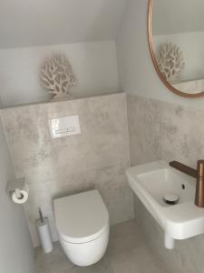 a bathroom with a white toilet and a sink at Villa Norda Dębki in Dębki +19 photos