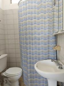 a bathroom with a toilet and a shower curtain at CASA MUY COMODA A METROS DEL SANTUARIO Y ECOPARQUE in San Nicolás de los Arroyos