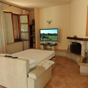 a living room with a flat screen tv and a couch at Monolocale x 2 a 1,6 km da Castiglioncello in Rosignano Solvay