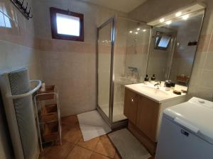 uma casa de banho com um chuveiro, um lavatório e um espelho. em Appartement avec terrasse et parking Privé em Aigueblanche