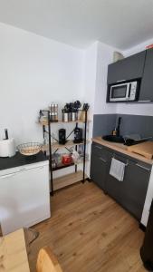 a kitchen with a sink and a microwave at Appartement de station rénovée avec parking in Habère-Poche