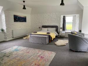 ein Schlafzimmer mit einem Bett, einem Sofa und einem Teppich in der Unterkunft Hartfield House Hostel in Applecross