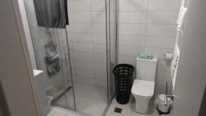 ein kleines Badezimmer mit Dusche und Toilette in der Unterkunft Antigona Nikiti in Nikiti + 26 Fotos