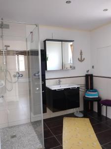 a bathroom with a sink and a shower at Ferienwohnung Csilla 2 in Oberweid