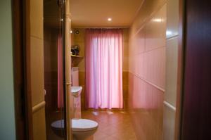 a bathroom with a toilet and a pink shower curtain at Pod Dębami in Wadowice