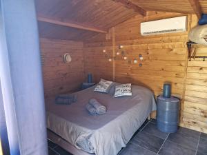 1 dormitorio con 1 cama en una cabaña de madera en Locations insolites "vie en plein air" cabane et tipi Bastide Bellugue maison d'hôtes reseau Bienvenue à la ferme à 3 mn de lourmarin, en Cadenet