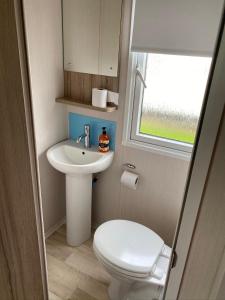 a small bathroom with a toilet and a sink at Blackpool caravans Marton mere in Blackpool