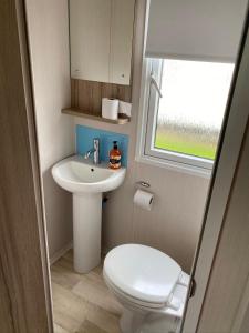 La petite salle de bains est pourvue de toilettes et d'un lavabo. dans l'établissement Blackpool caravans Marton mere, à Blackpool