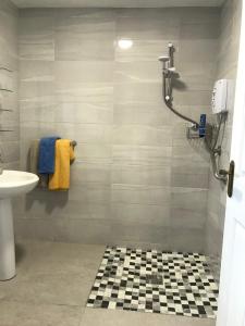 a bathroom with a shower with a checkered floor at Carney Apartment in Ardara