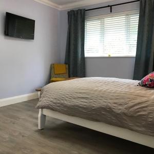 a bedroom with a bed and a window and a chair at Carney Apartment in Ardara