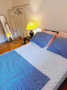 una camera con 2 letti con cuscini blu e lampada di Superbe appart 2 pièces -accès autonome- avec parking gratuit a Chaville