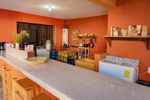 a kitchen with orange walls and a counter top at Casa Sofia Guest House in San Cristóbal de Las Casas