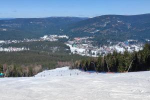 ENJOYHARRACHOV - Atraktivní klidný klimatizovaný apartmán 20 v centru Harrachova s parkováním, Wifi-WLAN, SAT, herní konzolí, Ipad, Netflix zdarma, možností dobíjení auta, výhledem do zahrady a na romantický kostelík v zimě