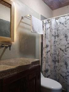 uma casa de banho com uma cortina de chuveiro em mármore e um lavatório. em Hotel Pepen em San Cristóbal de Las Casas