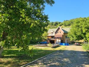 a house with a driveway in front of a house at Casute la "Doi pasi de Castel" in Hunedoara