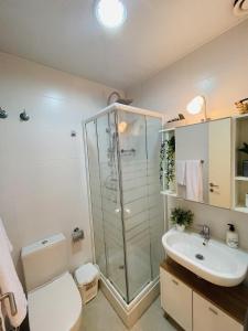 ein Bad mit einer Dusche, einem WC und einem Waschbecken in der Unterkunft NICE CENTRIC APARTMENT in Vilanova i la Geltrú