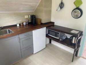 a small kitchen with a sink and a microwave at Vine Cottage in Káptalantóti
