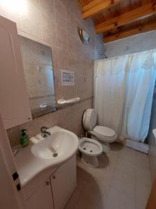 a bathroom with a sink and a toilet and a mirror at Gutyne56 in Puerto Madryn