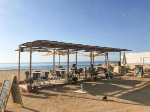 grupa leżaków i parasoli na plaży w obiekcie Apartamento ático en el casco antiguo w mieście Mataró