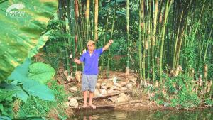 Mai Chau Valley Retreat في ماي تشاو: رجل يقف على جسر في غابة من الخيزران