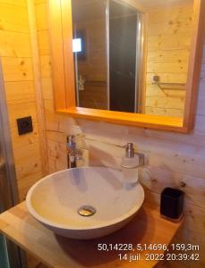 y baño con lavabo y espejo. en Cabane de l'Ermitage, en Lessive