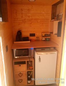una pequeña cocina con microondas y nevera. en Cabane de l'Ermitage en Lessive